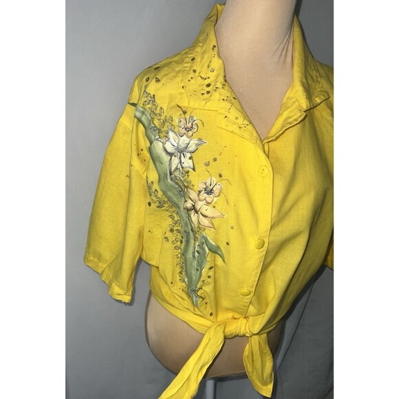 Vintage 80's  Hari tie front floral painted blouse, gathered back medium - Picture 7 of 7